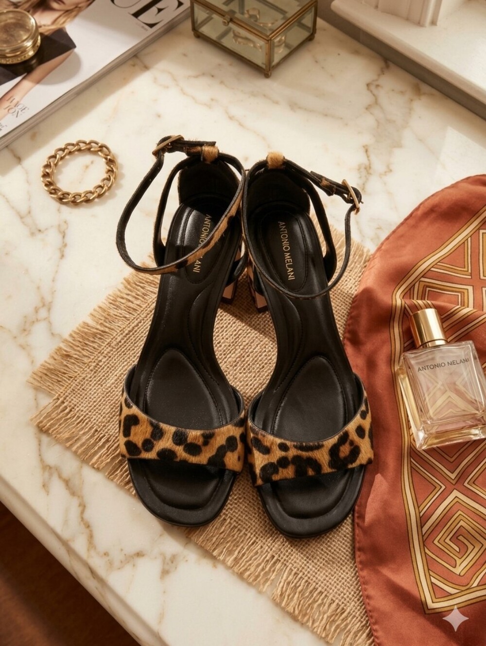 Antonio Melani Alice Leopard Print Calf Hair Block Heel Sandals Size 6.5